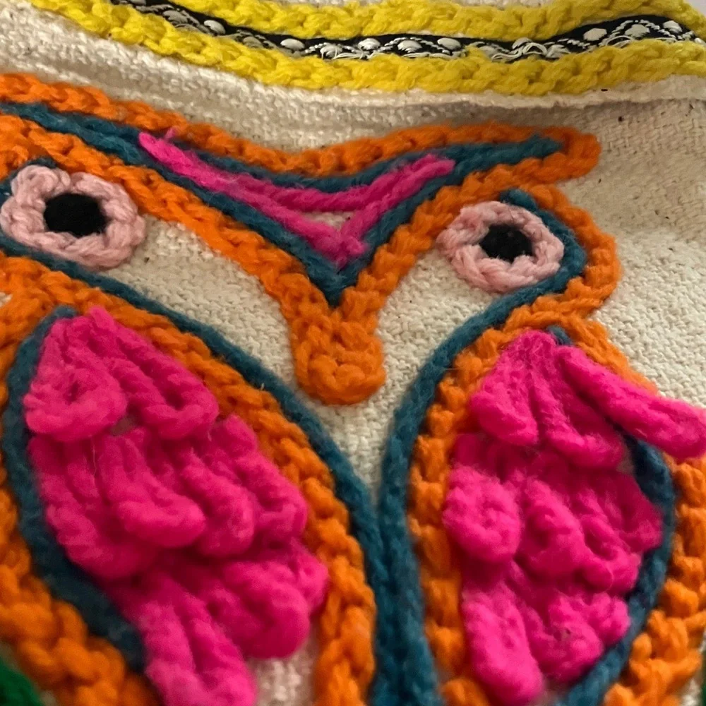 Vintage Owl Design Needlework Crafted Satchel 13x12” Yellow Orange Pink Green‎